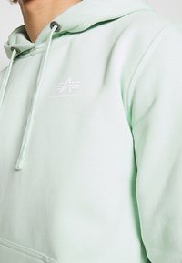 Sweatshirt verde menta com bolso canguru, capuz com cordão e logótipo bordado "Alpha Industries" no peito. Tecido suave e texturizado.