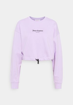 Felpa corta viola in cotone, con maniche lunghe, scollo tondo e coulisse nera all'orlo. Testo del logo nero.