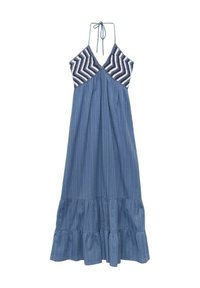 Maxi dress with a halter neck. Top features a chevron pattern in navy and white, while the skirt is solid blue with vertical stripes and ruffles.