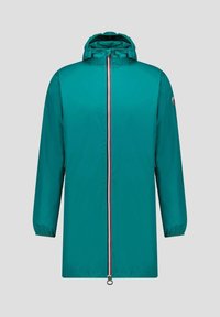 Giacca impermeabile turchese con cappuccio, cerniera frontale completa, polsini elastici e tasche laterali; presenta una fodera della cerniera rossa e dettagli con il logo.