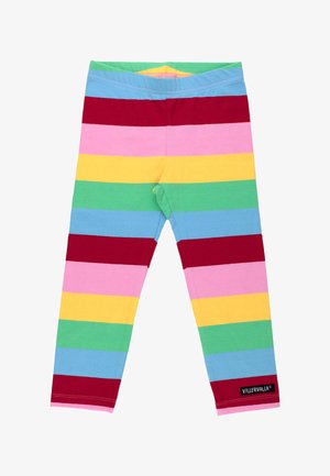 Kinderleggings mit breiten horizontalen Streifen in Grün, Blau, Rot, Pink und Gelb; elastischer Bund und Villervalla-Logo am linken Bein.
