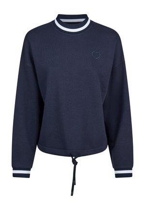 Navy blue long-sleeve sweatshirt with white-striped collar and cuffs, small stitched heart on chest, and adjustable drawstring hem.