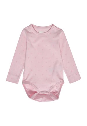 Langärmliger pinker Body aus weicher Baumwolle, mit einem kleinen, wiederholten Blumenmuster, und Druckknöpfen an der Schulter und am Boden.