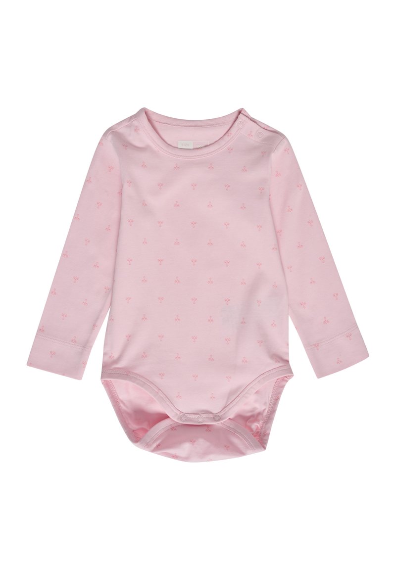 Långärmad rosa bodysuit i mjuk bomull, med ett litet upprepat blommönster, samt tryckknappar vid axeln och botten.