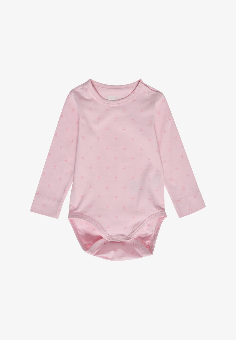 Różowy bodysuit z długim rękawem, wykonany z miękkiej bawełny, z małym, powtarzającym się wzorem kwiatowym, z zapięciami na napy na ramieniu i w dolnej części.