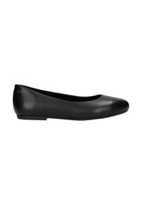Black flat shoe made of smooth leather, with a rounded toe and minimalistic design. Features a low heel and subtle logo detailing.