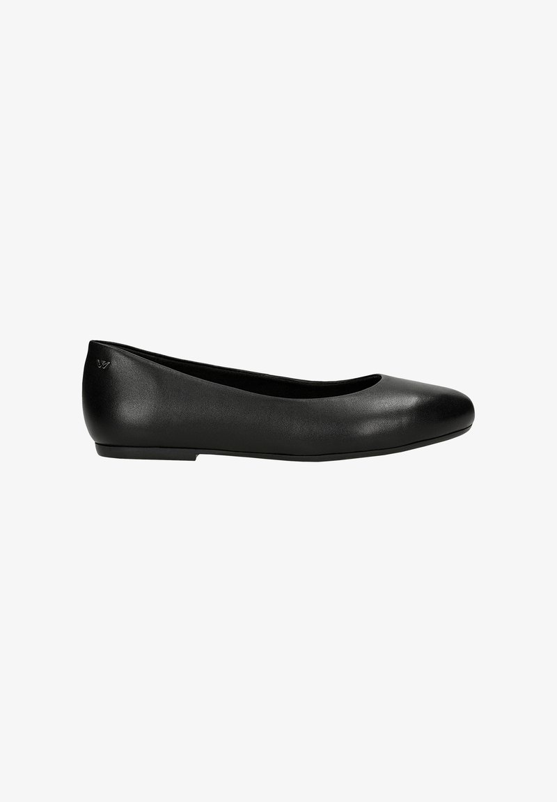 Black flat shoe made of smooth leather, with a rounded toe and minimalistic design. Features a low heel and subtle logo detailing.
