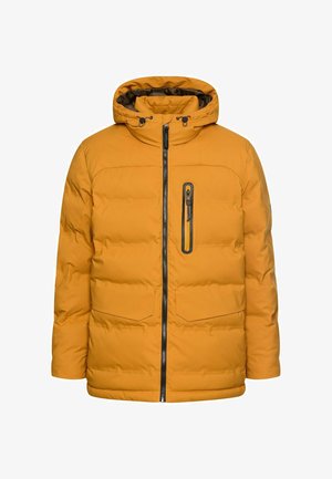 Gelbe Damenpuffjacke mit Reißverschluss vorn, Kapuze und diagonalem Brusttaschen. Mit gepolsterter Textur und schwarzen Reißverschlussakzenten.