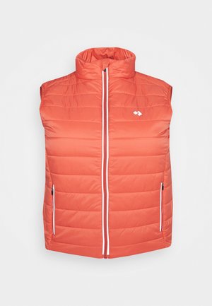 Colete acolchoado sem mangas em laranja brilhante, com colarinho alto, fecho frontal e dois bolsos laterais com detalhes brancos.