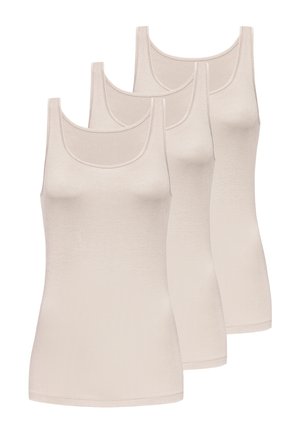 Vier beige ärmellose Tanktops mit Rundhalsausschnitt, angeordnet in einem versetzten, überlappenden Layout auf weißem Hintergrund.