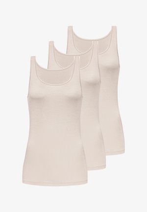 Quatre débardeurs beige sans manches avec encolure dégagée disposés en chevauchement décalé sur fond blanc.