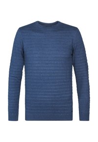 Pulover albastru dintr-un material texturat, cu dungi orizontale, guler rotund și mâneci lungi. Fără logo-uri vizibile sau modele distincte.