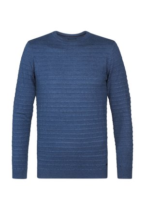 Maglione blu realizzato in tessuto testurizzato con righe orizzontali, scollatura tonda e maniche lunghe. Senza loghi visibili o schemi distintivi.