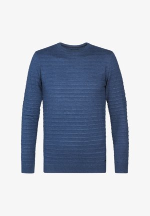 Maglione blu realizzato in tessuto testurizzato con righe orizzontali, scollatura tonda e maniche lunghe. Senza loghi visibili o schemi distintivi.