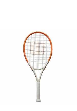 Tennisschläger mit einem orangefarbenen Rahmen, weißen Griff und einem Gittermuster aus Saiten. Der Griff ist mit weißem Griffband umwickelt.