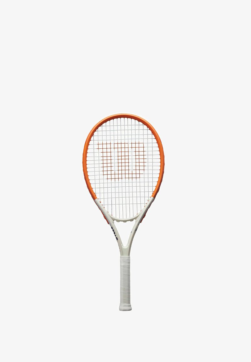 Tennisketsjer med en orange ramme, hvidt håndtag og et gittermønster af strenge. Håndtaget er indpakket i hvidt grebstape.