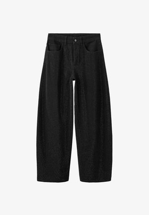 Schwarze weit geschnittene Hose mit frontalen Taschen, Knopf- und Reißverschlussverschluss sowie einem strukturierten Stoffmuster.