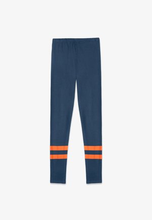 Navy blue leggings with a soft texture, featuring two orange horizontal stripes at the lower legs. Elastic waistband for comfort.
