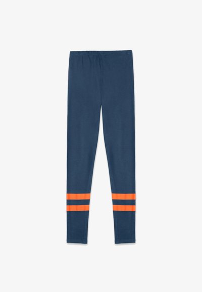 Leggings bleu marine avec une texture douce, dotés de deux bandes horizontales orange au bas des jambes. Taille élastique pour plus de confort.