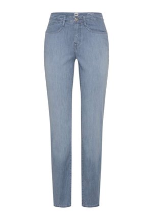 Lyseblå slim-fit jeans med fem lommer, knap- og lynlås lukning samt diskret falming langs benene.