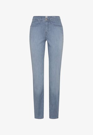 Lyseblå slim-fit jeans med fem lommer, knap- og lynlås lukning samt diskret falming langs benene.