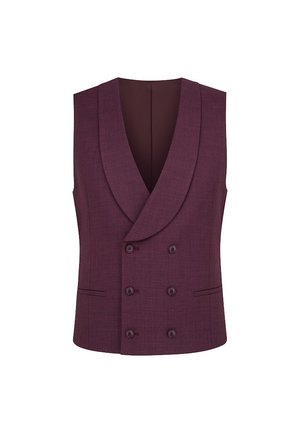 Bordowy kamizelka dwurzędowa z kołnierzem szalowym, dwoma bocznymi kieszeniami i sześcioma pasującymi guzikami. Dopasowany krój o gładkiej fakturze.