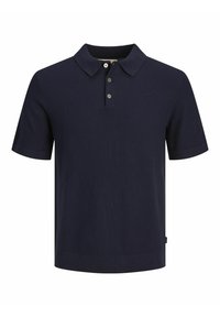 Polo a maniche corte di colore blu navy, texture a maglia, colletto e maniche a coste, patta con tre bottoni, orlo dritto con spacco laterale.