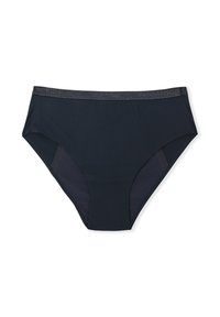 Czarne majtki z wysokim stanem wykonane z gładkiej tkaniny, z tonacją przeszyć i subtelnym metalicznym akcentem na pasie dla dodatkowego efektu.