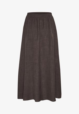 Maxirock in Dunkelbraun, aus strukturiertem Stoff mit elastischem Bund. Weite, fließende Silhouette ohne sichtbare Muster oder Akzente.