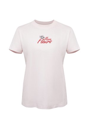 Hellrosa kurzärmeliges T-Shirt mit rotem "More Fleurs"-Text und kleinen schwarzen Blumenillustrationen auf der Brust.
