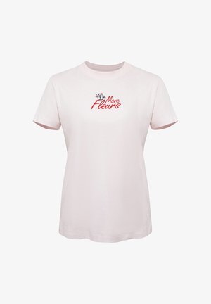 Light pink short-sleeve T-shirt with red "More Fleurs" text and small black floral illustrations on the chest.