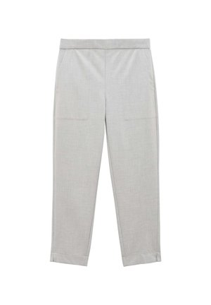 Light gray tailored trousers with a smooth texture, two front pockets, elastic waistband, and slightly tapered legs.