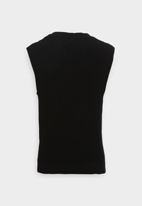 Schwarzes ärmelloses Stricktop mit gerippter Struktur, das einen runden Halsausschnitt sowie dezente Saumdetails am unteren Rand und an den Armlöchern aufweist.