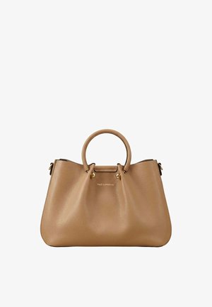 Sac à main en cuir marron clair avec poignées arrondies, ferrures dorées discrètes et logo "TED LAPIDUS" embossé au centre avant.