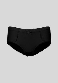 Svart ribbat pojkshortsunderkläder med spetsdetaljer, som har en vågig midja och en liten rosettdekoration i mitten fram.