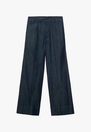Wide-leg trousers in dark denim, featuring a high waistband, front pleats, and a smooth texture. The hem is straight with no additional detailing.