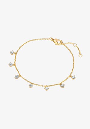 Arany karkötő, amely öt fénylő, tiszta kristállyal van díszítve, kampós szerű díszítményekkel, finom lánccal és homár kapoccsal a biztos rögzítés érdekében.