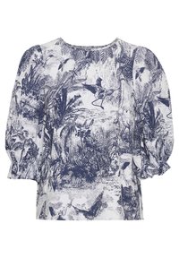 Blusa a maniche lunghe in tessuto bianco con un motivo botanico blu. Presenta un colletto rotondo e maniche a sbuffo arricciate. Vestibilità rilassata.
