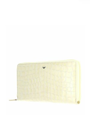Portefeuille couleur crème avec texture crocodile et fermeture éclair argentée, comportant un petit logo métallique au centre avant.
