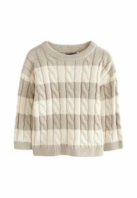 Strickpullover mit einem cremefarbenen und hellgrauen Schachbrettmuster, Kabelstruktur, geripptem Ausschnitt und Ärmelbündchen.