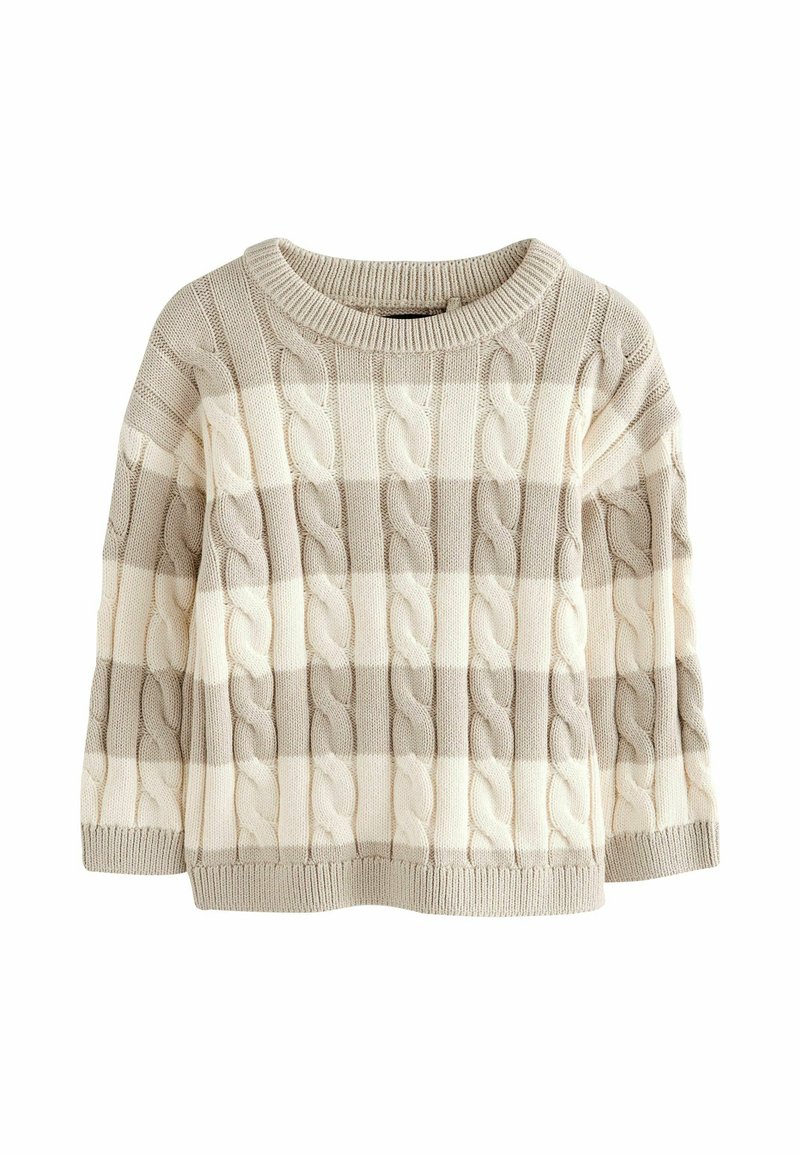 Strickpullover mit einem cremefarbenen und hellgrauen Schachbrettmuster, Kabelstruktur, geripptem Ausschnitt und Ärmelbündchen.