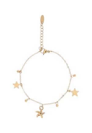 Finom aranylánc karkötő két csillag alakú medállal, egy tengeri csillag medállal és apró, kerek gyöngy díszítésekkel, állítható kapoccsal.