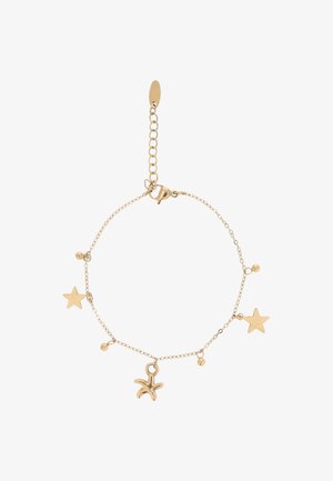 Delikatna złota bransoletka na łańcuszku z dwoma zawieszkami w kształcie gwiazdek, jedną zawieszką w kształcie rozgwiazdy oraz małymi okrągłymi koralikami, z regulowanym zapięciem na klamrę.