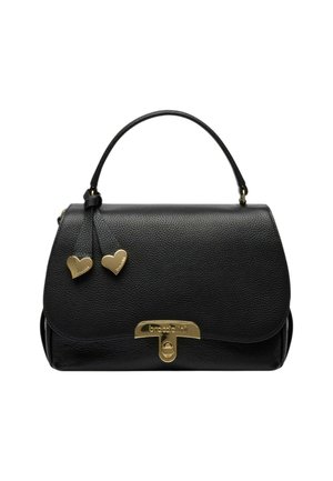 Borsa in pelle nera testurizzata con manico superiore, ciondoli dorati a forma di cuore e fibbia dorata incisa con "braccialini."