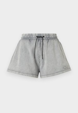 Light gray casual shorts with black drawstring waist and small white logo on front right leg.