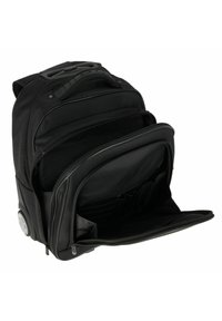 Black wheeled backpack made of durable fabric. Features multiple compartments, smooth zipper closures, and a telescopic handle for easy transport.