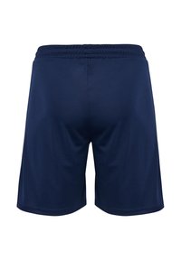 Granatowe, lekkie szorty sportowe z elastycznym pasem i gładką teksturą. Nie mają kieszeni ani widocznych szwów z tyłu.