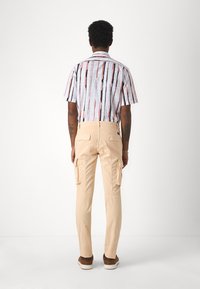 Korte mouwen blouse met verticale strepen in roze, zwart en wit; gecombineerd met perzikkleurige cargobroek met zijzakken.