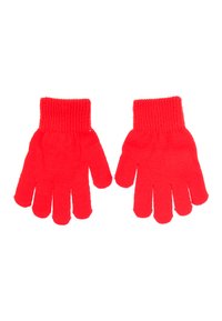 Red knitted gloves with fitted wrist cuffs and five-finger design. Smooth texture with a uniform color and no visible patterns or accents.