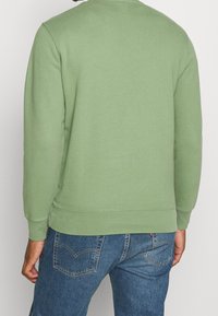 Sweat-shirt vert en matériau doux, avec manches longues, encolure ronde et poignets côtelés. Coutures remarquables le long de l'ourlet.